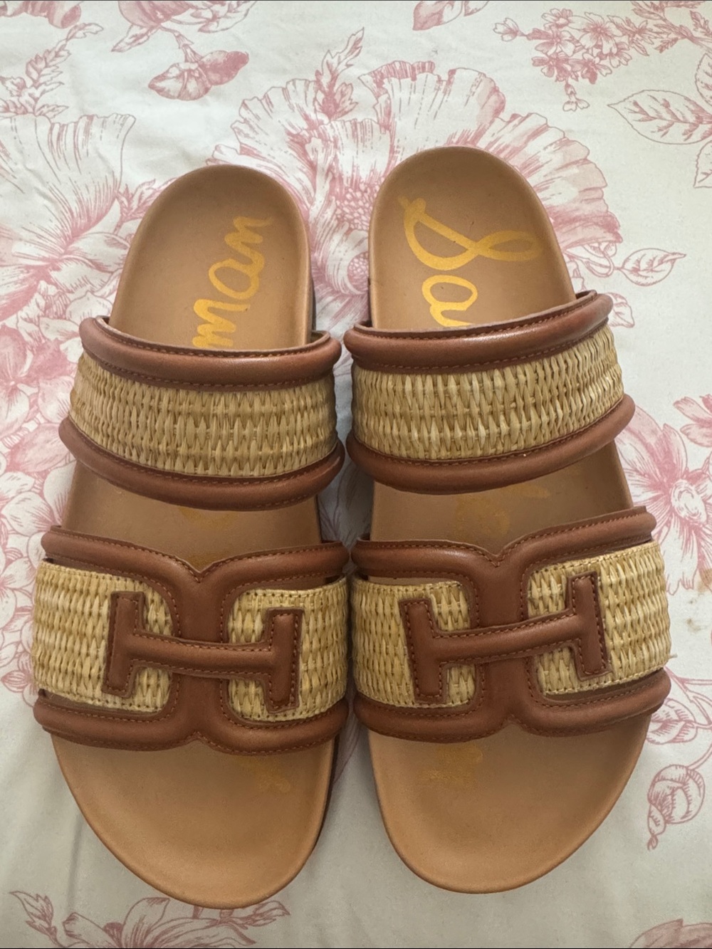 Sam Edelman Brown and Natural Woven Double-Strap Slide Sandals